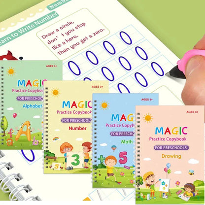 (Pack of 4) Magic Practice Copybook for Kids, Children Reusable Handwriting Practice Copy Books for Preschools Magic Workbook Letter Writing Book